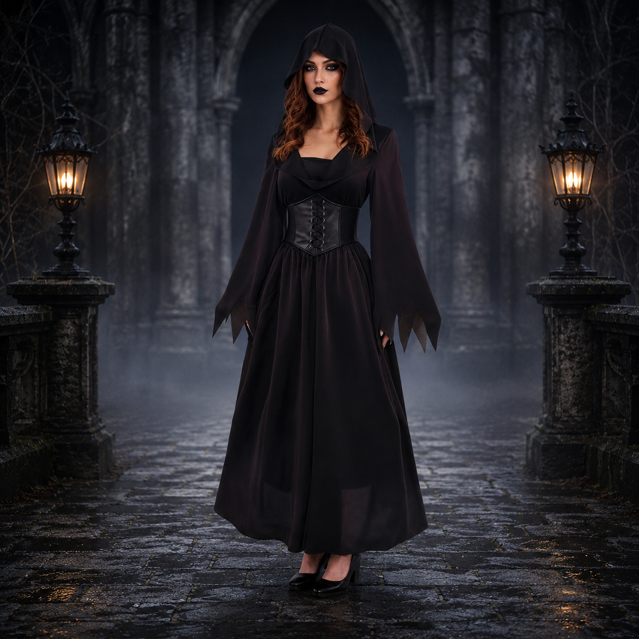 Women's Black Vampire Hooded Costume – Corset Waist Long Sleeve Halloween Party
