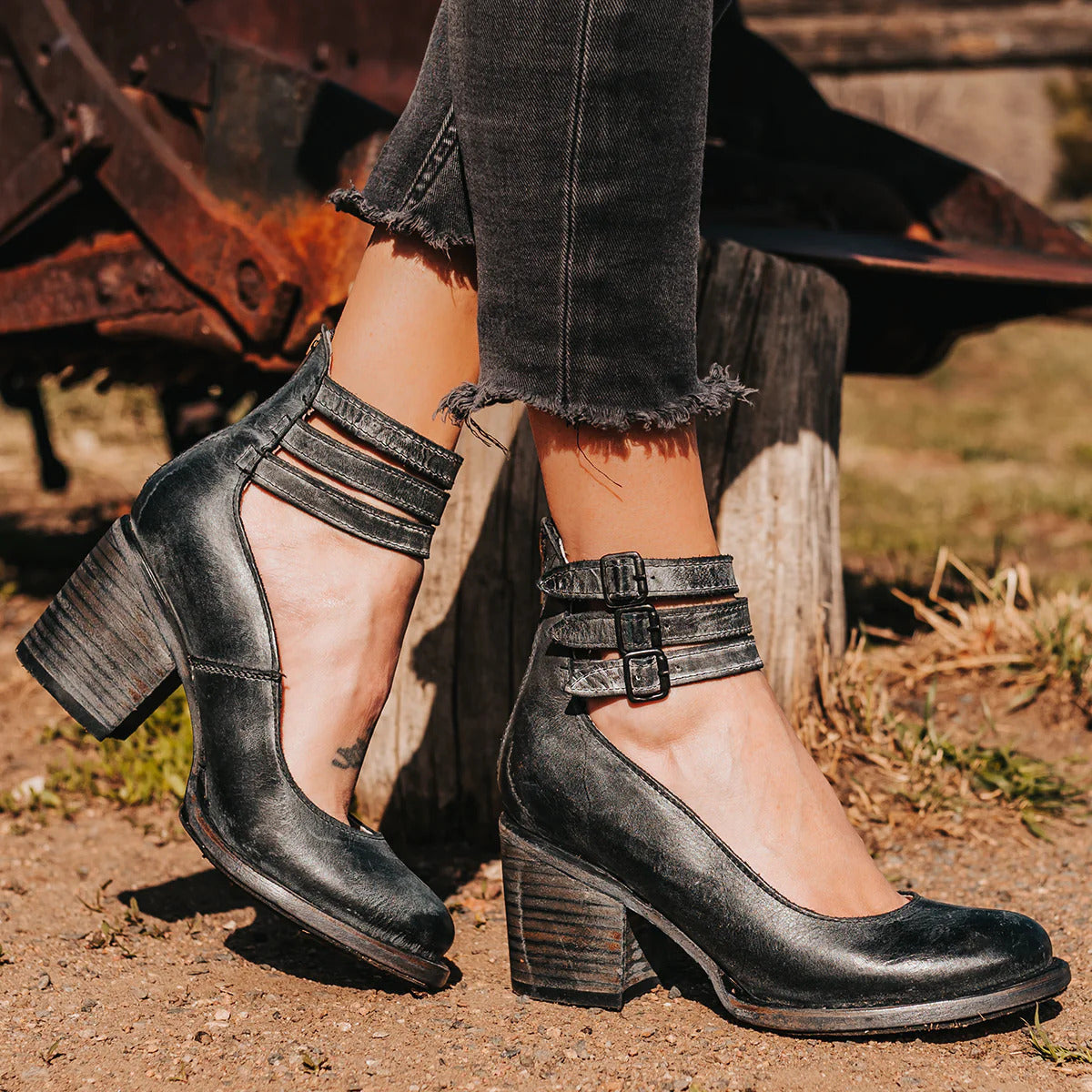 Women's Boho Ankle Boots – Double Buckle Strap Stacked Block Heel Closed Toe