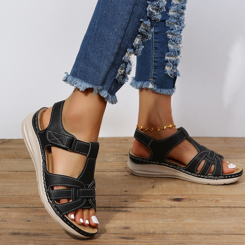 Women's Boho Open Toe Woven Strap Sandals – Hook Loop Wedge Platform Casual