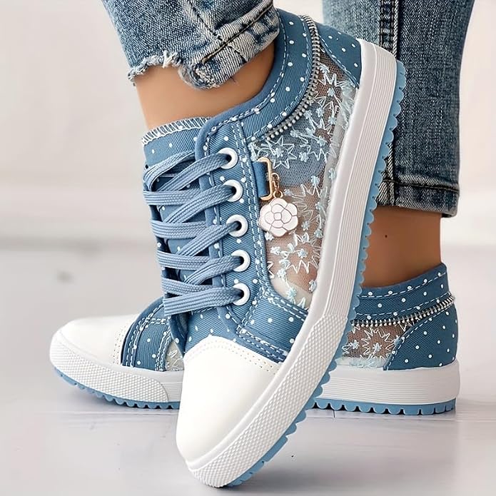 Women's Casual Dotted Sneakers – Lace-Up Rounded Toe Boardwalk Stroll