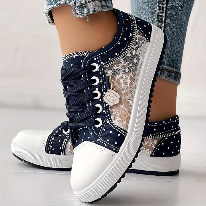 Women's Casual Dotted Sneakers – Lace-Up Rounded Toe Boardwalk Stroll