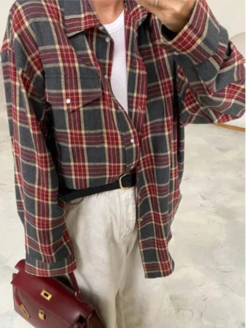 Women's Casual Plaid Flannel Shirt – Button Front Chest Pockets Daily Wear