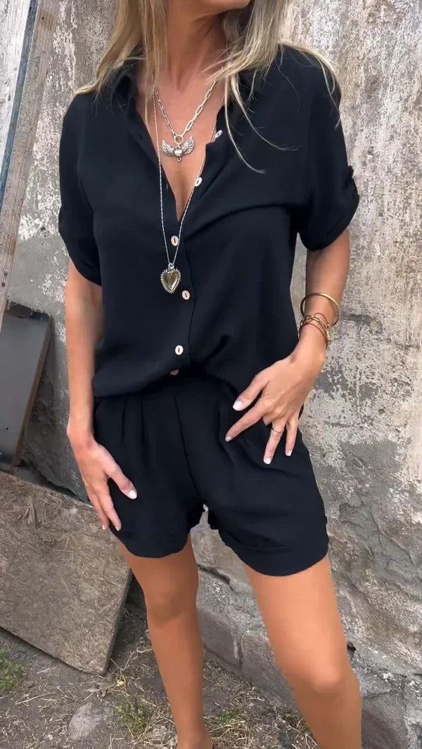 Women's Casual Two-Piece Summer Set – Button Front Shirt Roll Sleeve Shorts Summer