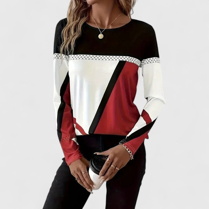 Women's Color Block Crew Neck Sweater – Long Sleeve Geometric Casual