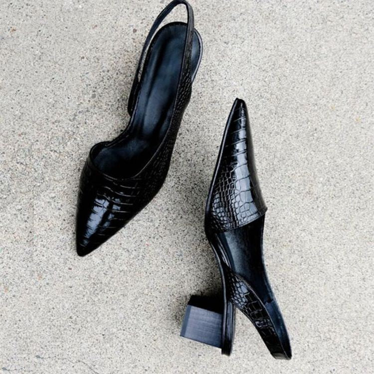 Women's Croc Embossed Slingback Pumps – Pointed Toe Low Block Heel Office