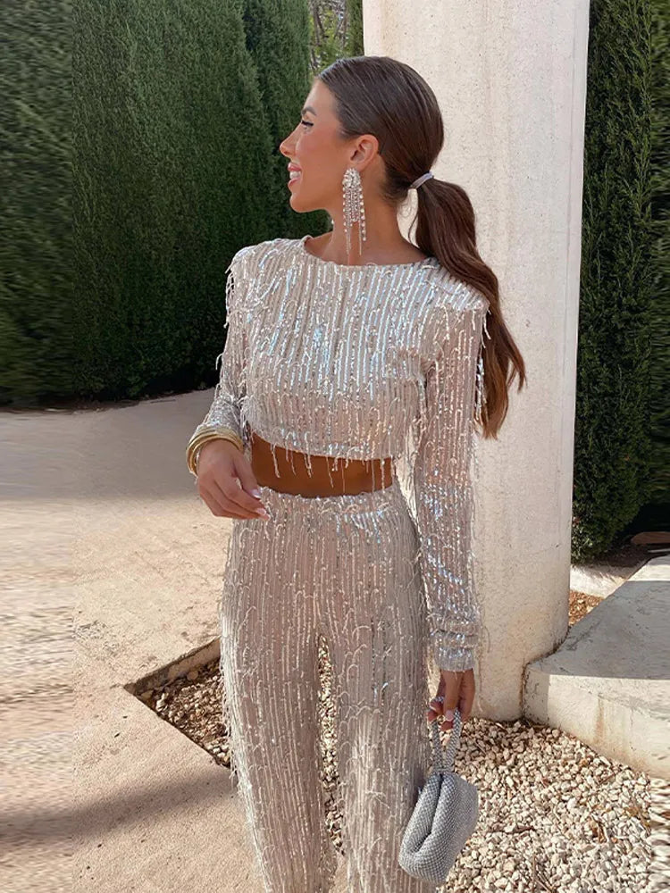 Women's Cropped Sequin Set – Long Sleeve Straight Leg Cocktail Reception