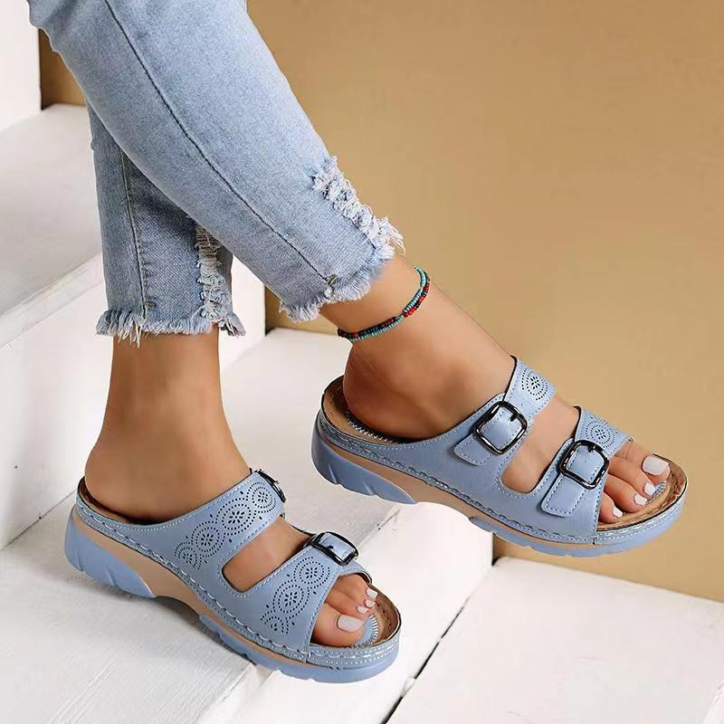 Women's Cutout Buckle Sandals – Open Toe Double Strap Casual Walking
