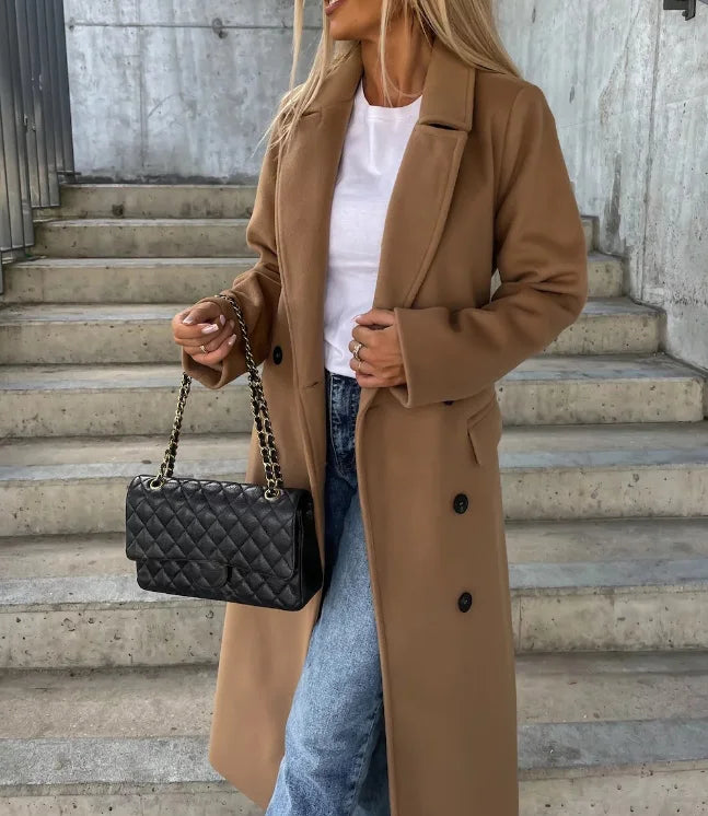 Women's Double Breasted Trench Coat – Tie Belt Lapel Collar Workday Wear