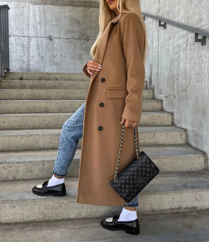 Women's Double Breasted Trench Coat – Tie Belt Lapel Collar Workday Wear