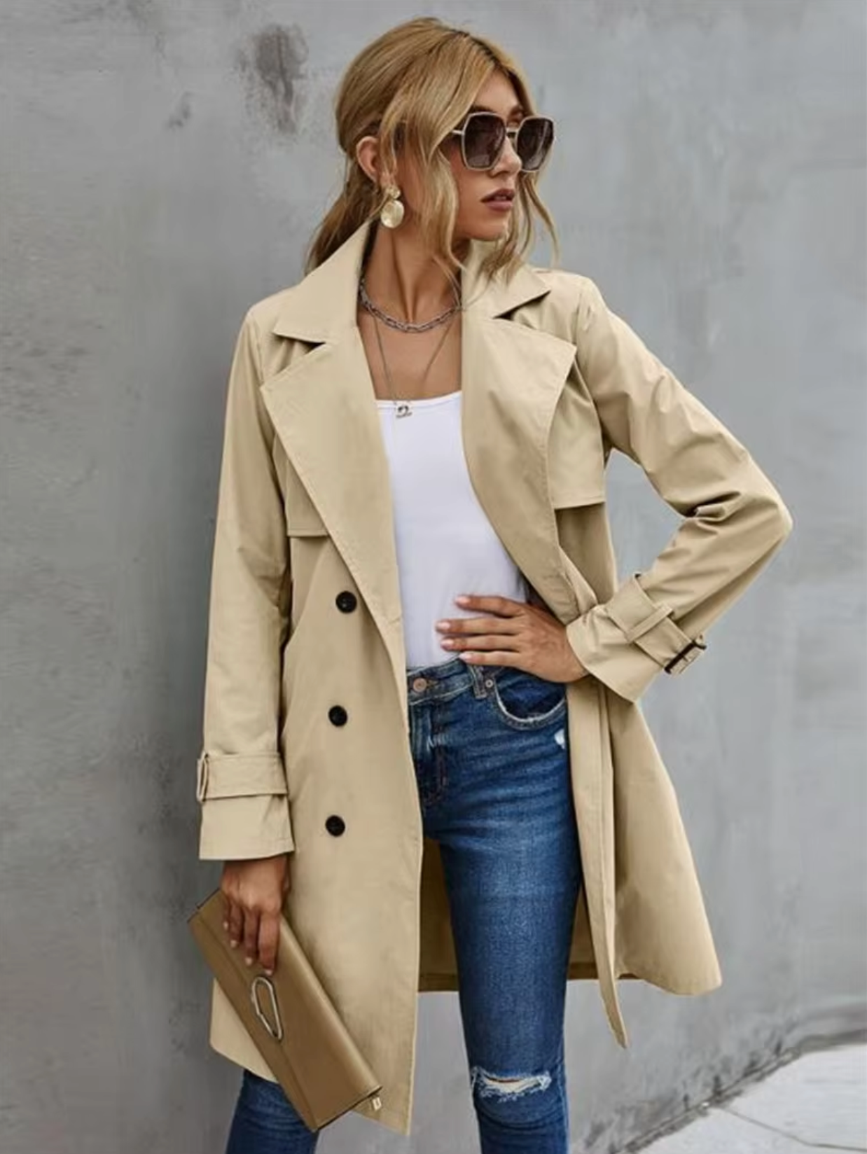 Women's Double Breasted Trench Coat – Wide Lapel Buckle Belt Office Wear
