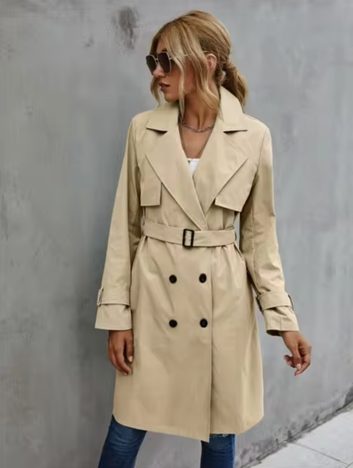 Women's Double Breasted Trench Coat – Wide Lapel Buckle Belt Office Wear