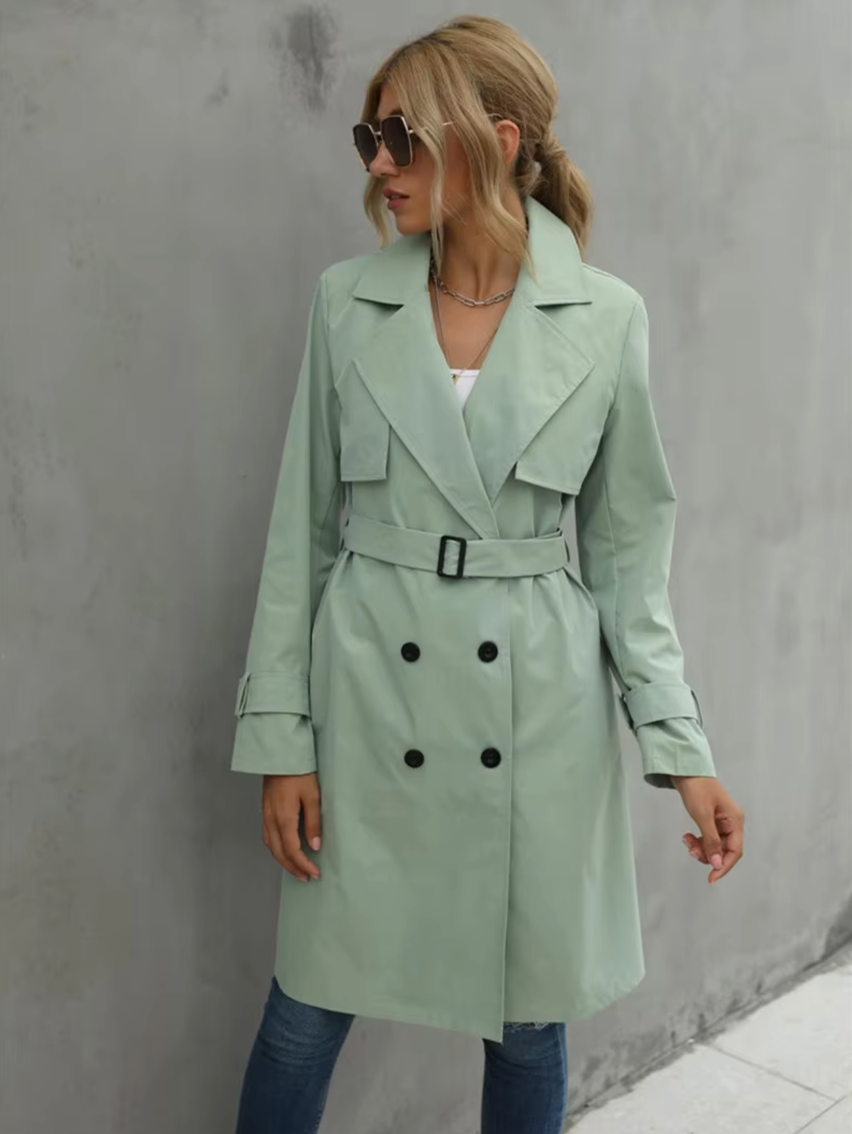 Women's Double Breasted Trench Coat – Wide Lapel Buckle Belt Office Wear