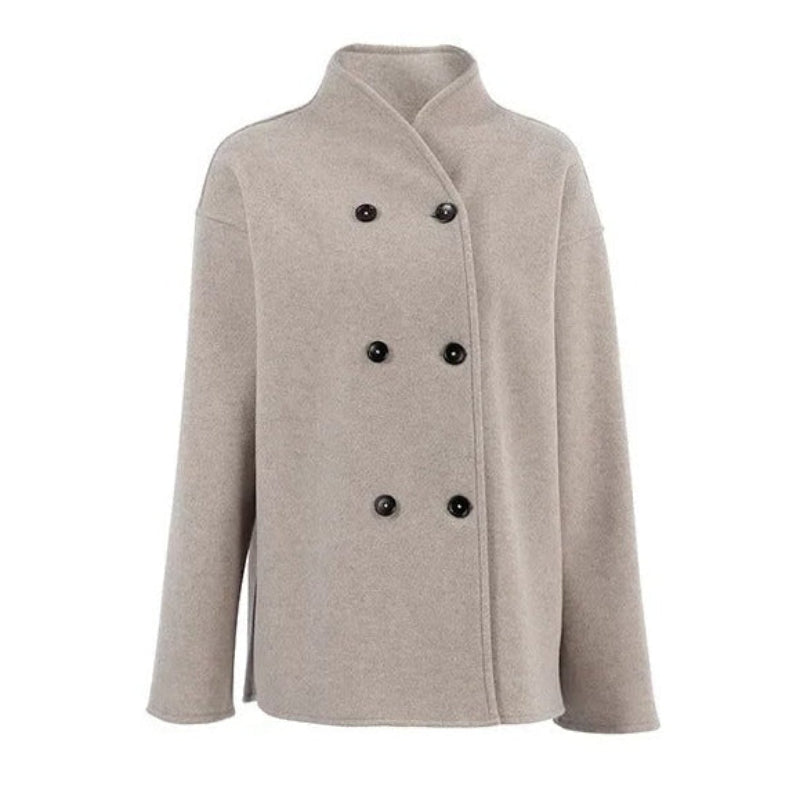 Women's Double Breasted Wool Jacket – Stand Collar Open Cuffs Daywear