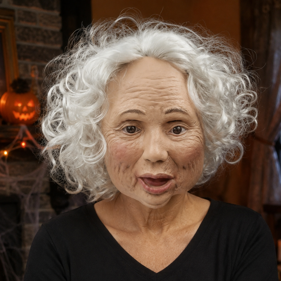 Women's Elderly Character Mask – Full Face White Curly Hair Halloween Party