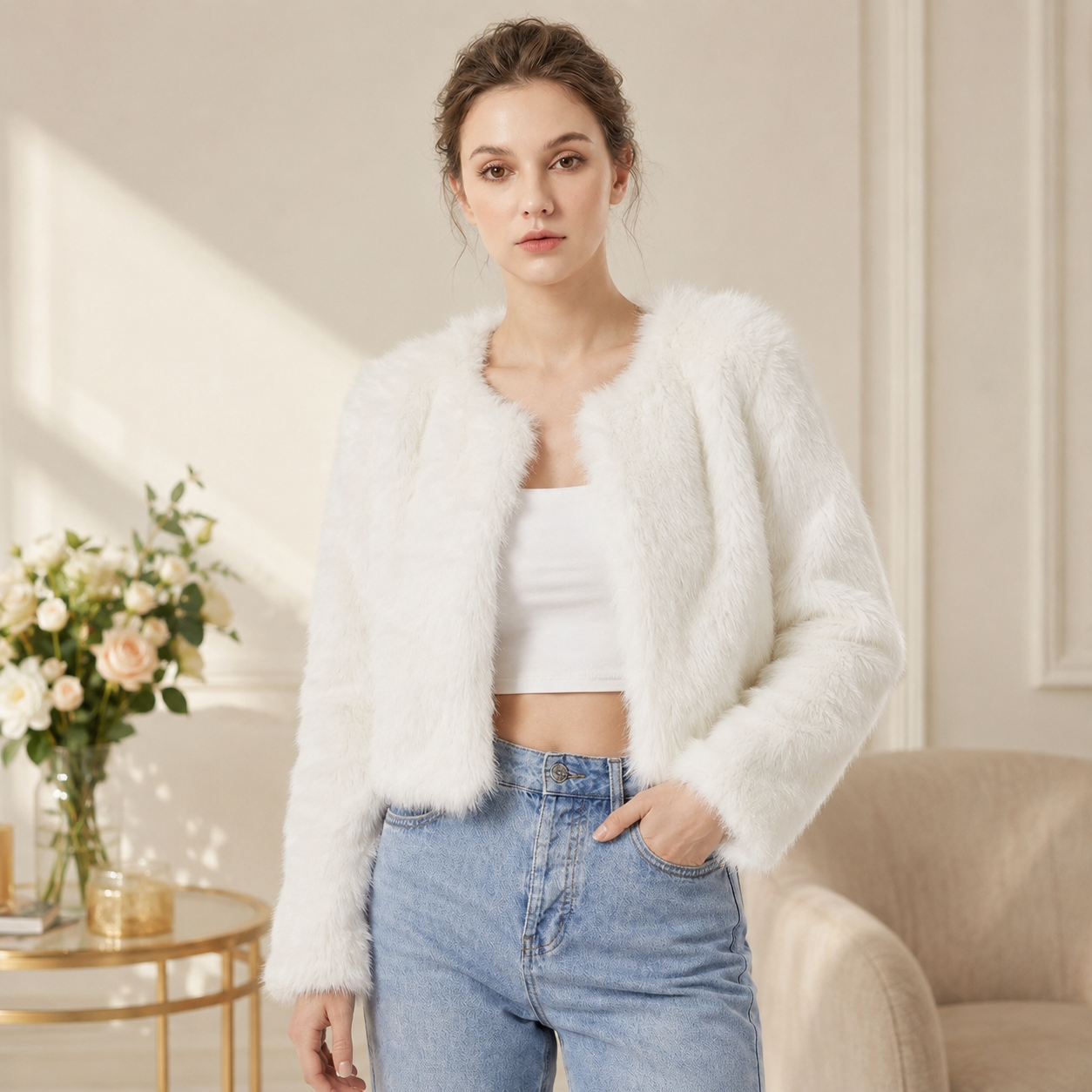 Women's Faux Fur Solid Jacket – Open Front Long Sleeve Holiday Gatherings