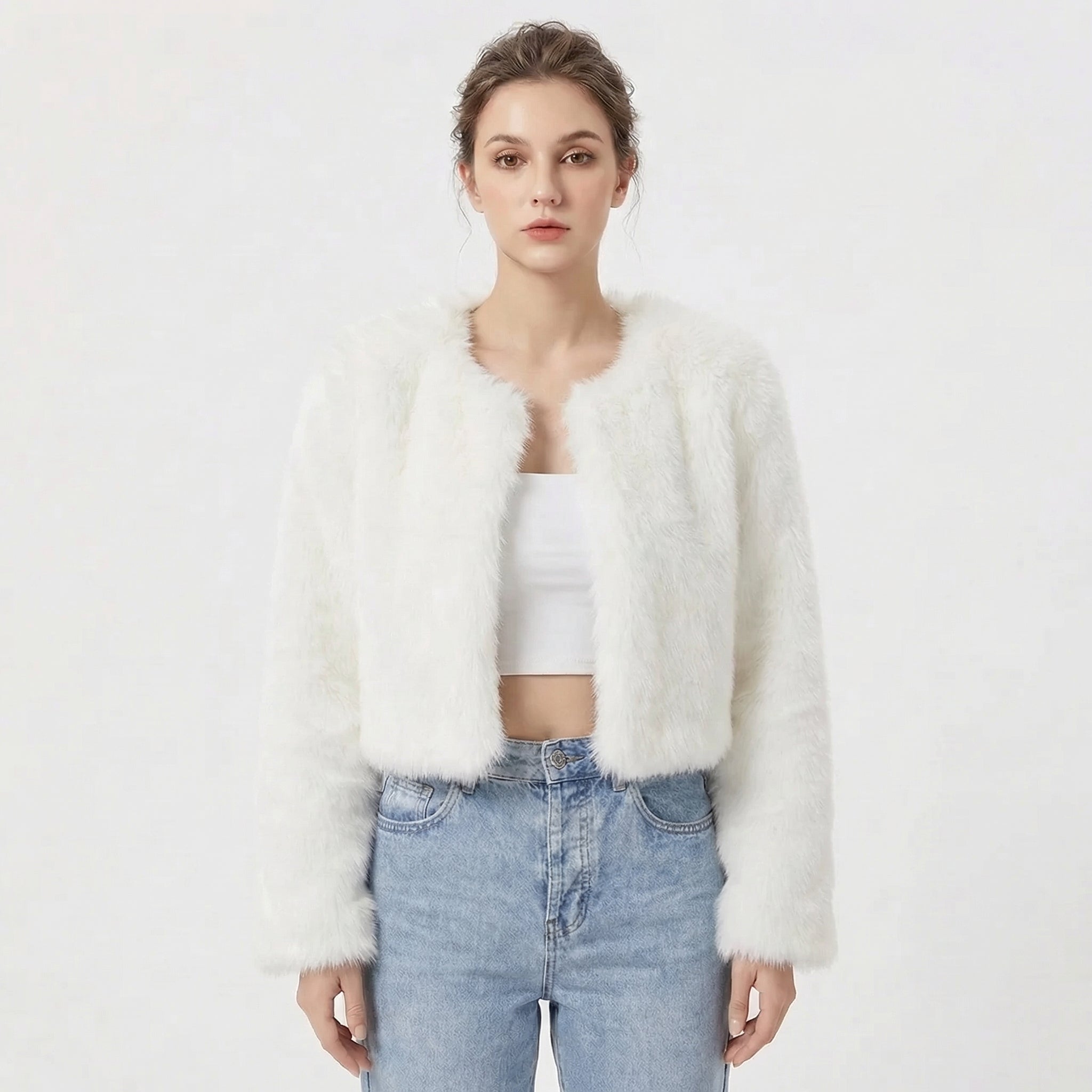 Women's Faux Fur Solid Jacket – Open Front Long Sleeve Holiday Gatherings