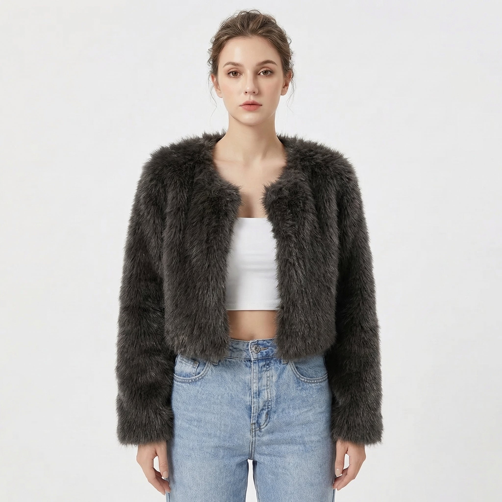 Women's Faux Fur Solid Jacket – Open Front Long Sleeve Holiday Gatherings