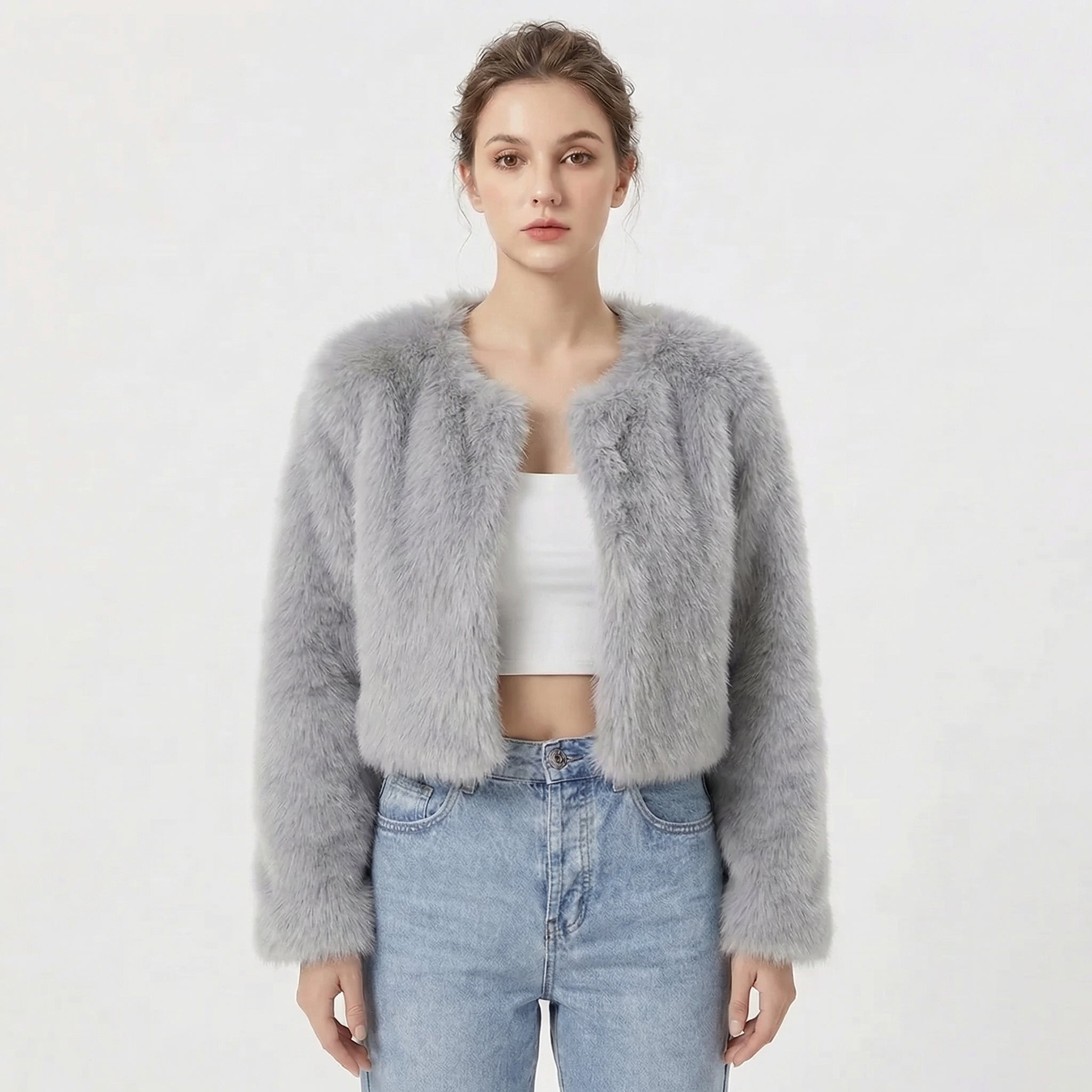 Women's Faux Fur Solid Jacket – Open Front Long Sleeve Holiday Gatherings