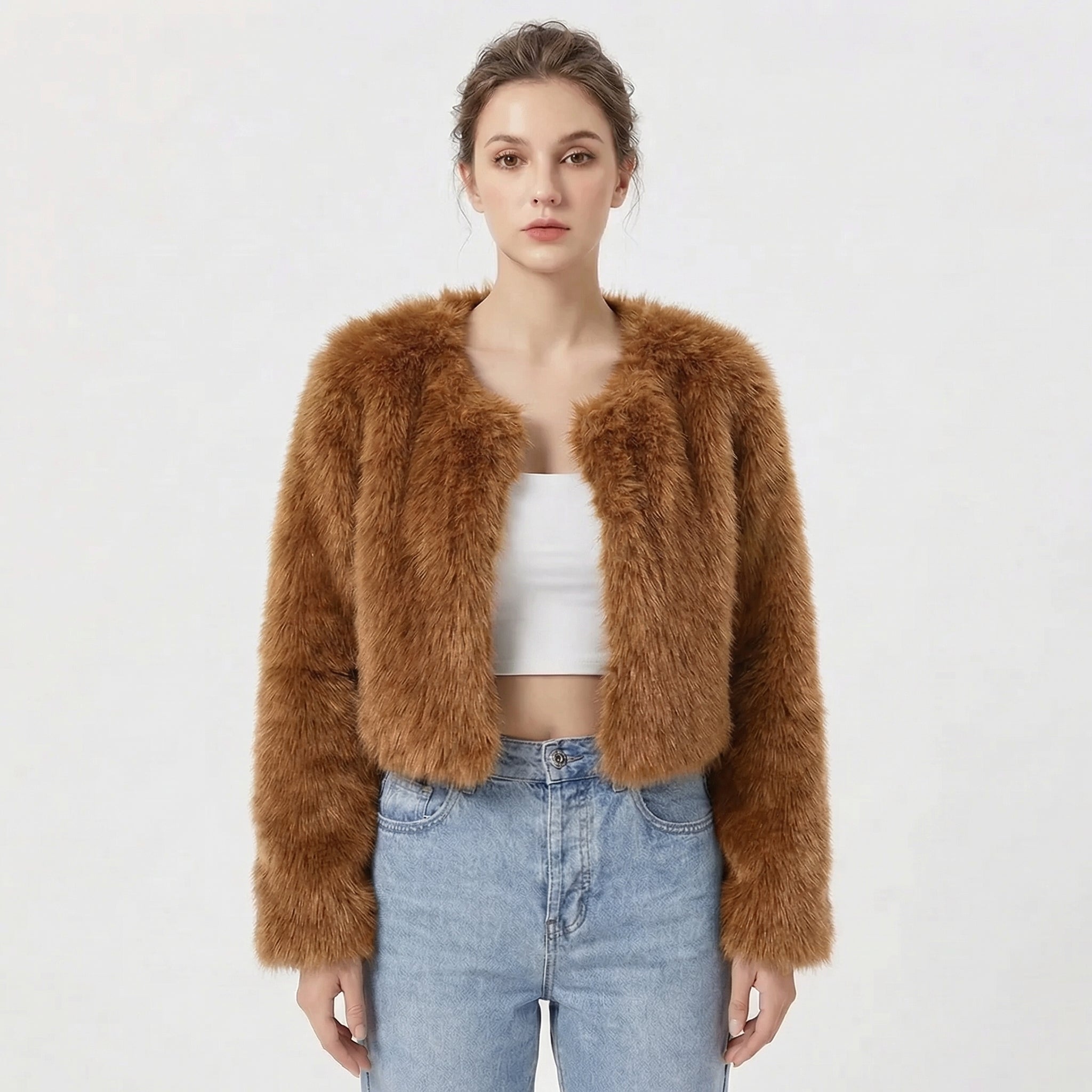 Women's Faux Fur Solid Jacket – Open Front Long Sleeve Holiday Gatherings