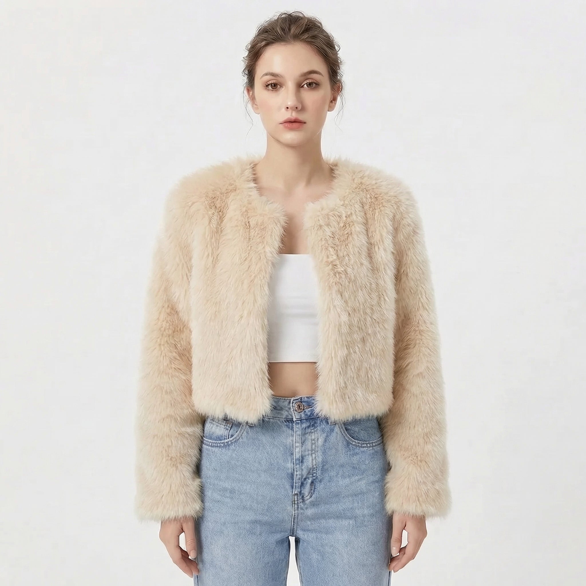 Women's Faux Fur Solid Jacket – Open Front Long Sleeve Holiday Gatherings