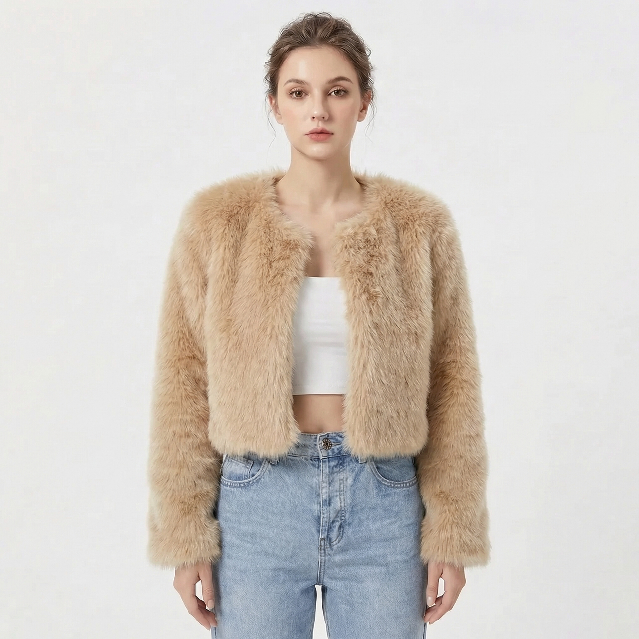Women's Faux Fur Solid Jacket – Open Front Long Sleeve Holiday Gatherings