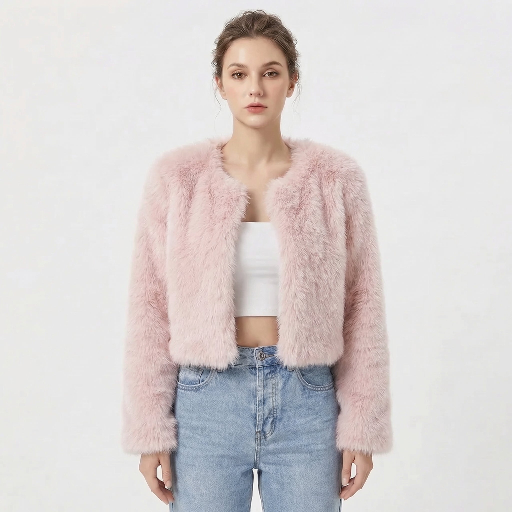 Women's Faux Fur Solid Jacket – Open Front Long Sleeve Holiday Gatherings