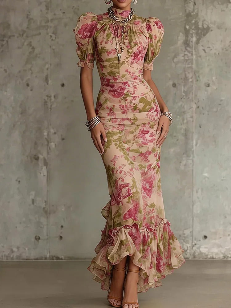Women's Floral Maxi Dress – High Neck Puff Sleeves Ruffle Hem Wedding Guest