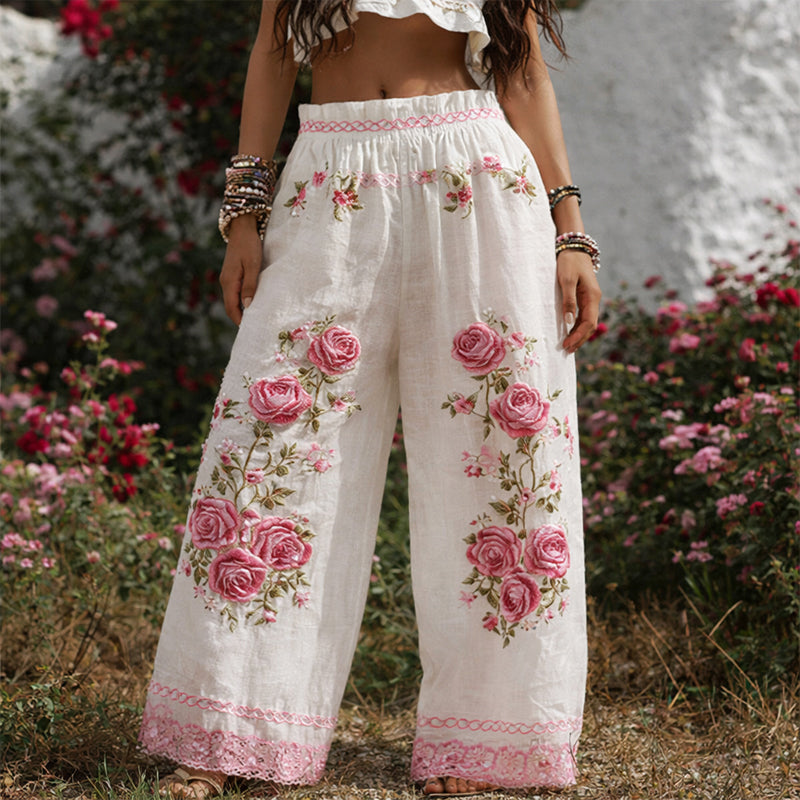 Women's Gathered Floral Wide-Leg Pants – Appliqué Side Pockets Resort Outings