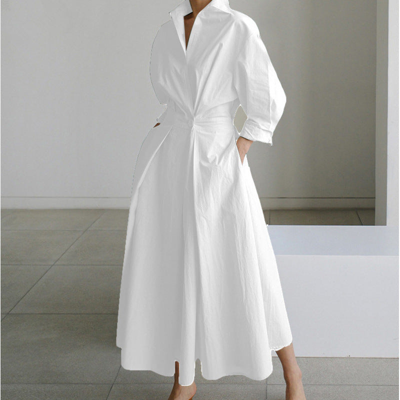 Women's Gathered Maxi Dress – Collared V Neck Elbow Sleeves Daytime Events