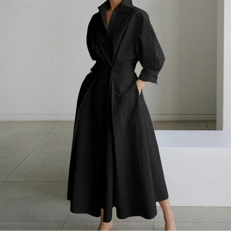 Women's Gathered Maxi Dress – Collared V Neck Elbow Sleeves Daytime Events
