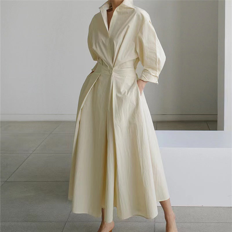 Women's Gathered Maxi Dress – Collared V Neck Elbow Sleeves Daytime Events