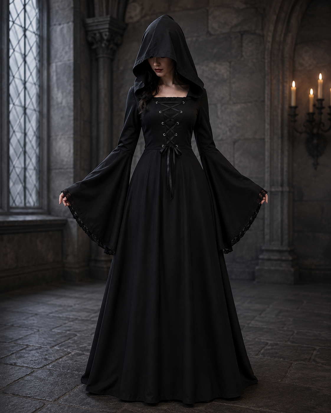 Women's Gothic Hooded Costume – Lace Up Bell Sleeve Halloween Party