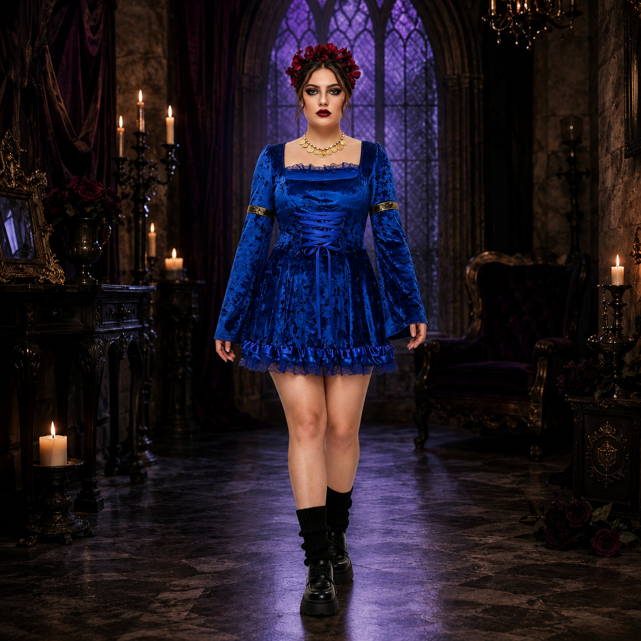 Women's Gothic Lace Trim Costume – Square Neck Lace Up Halloween Party