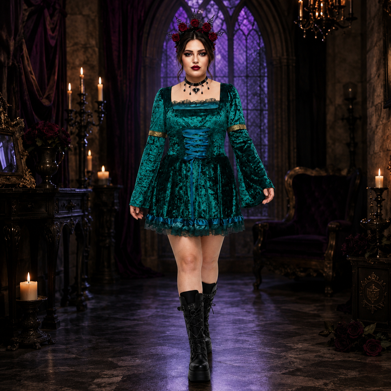 Women's Gothic Lace Trim Costume – Square Neck Lace Up Halloween Party