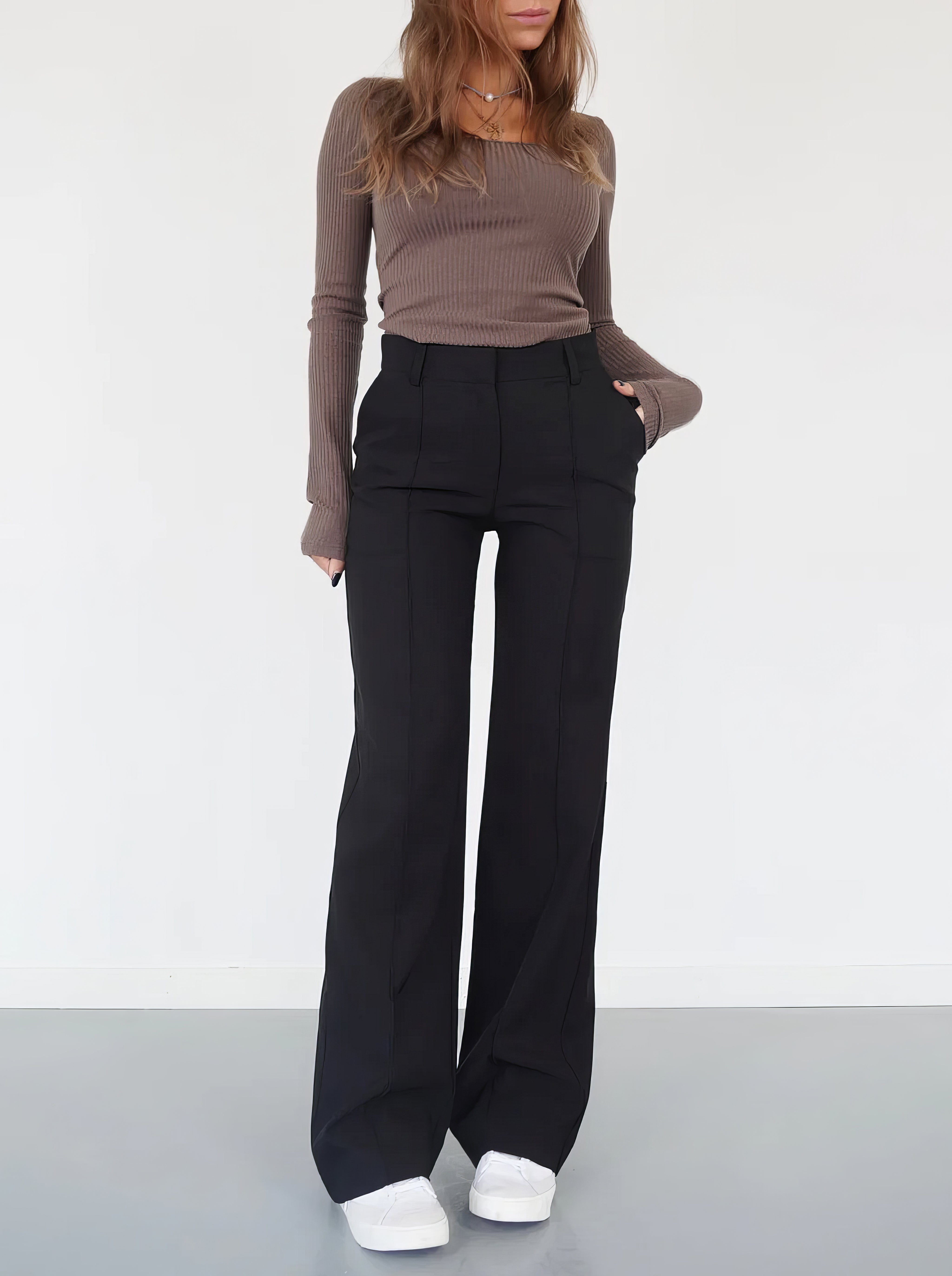Women's High Waist Wide Leg Pants – Front Seam Side Pockets Workplace Meetings