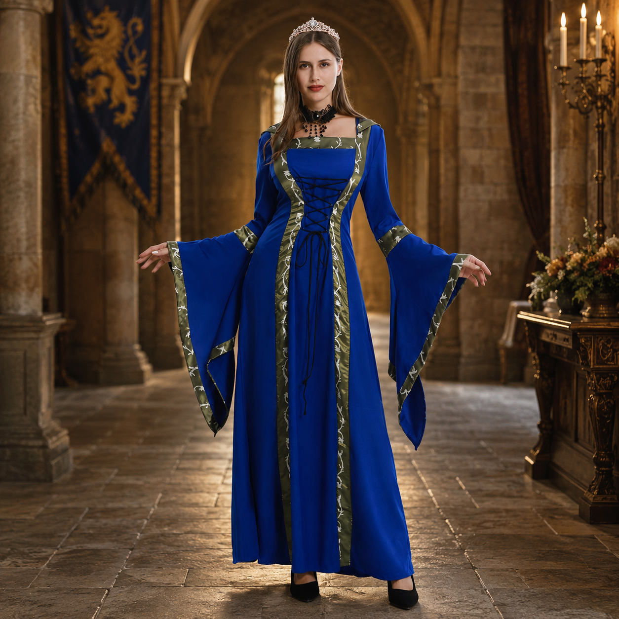 Women's Hooded Medieval Dress Costume – Lace Up Bell Sleeve Halloween Party