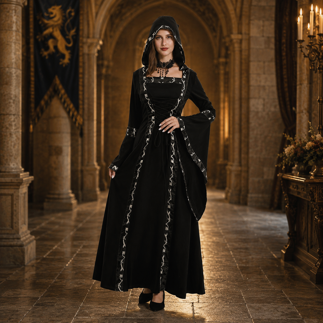 Women's Hooded Medieval Dress Costume – Lace Up Bell Sleeve Halloween Party