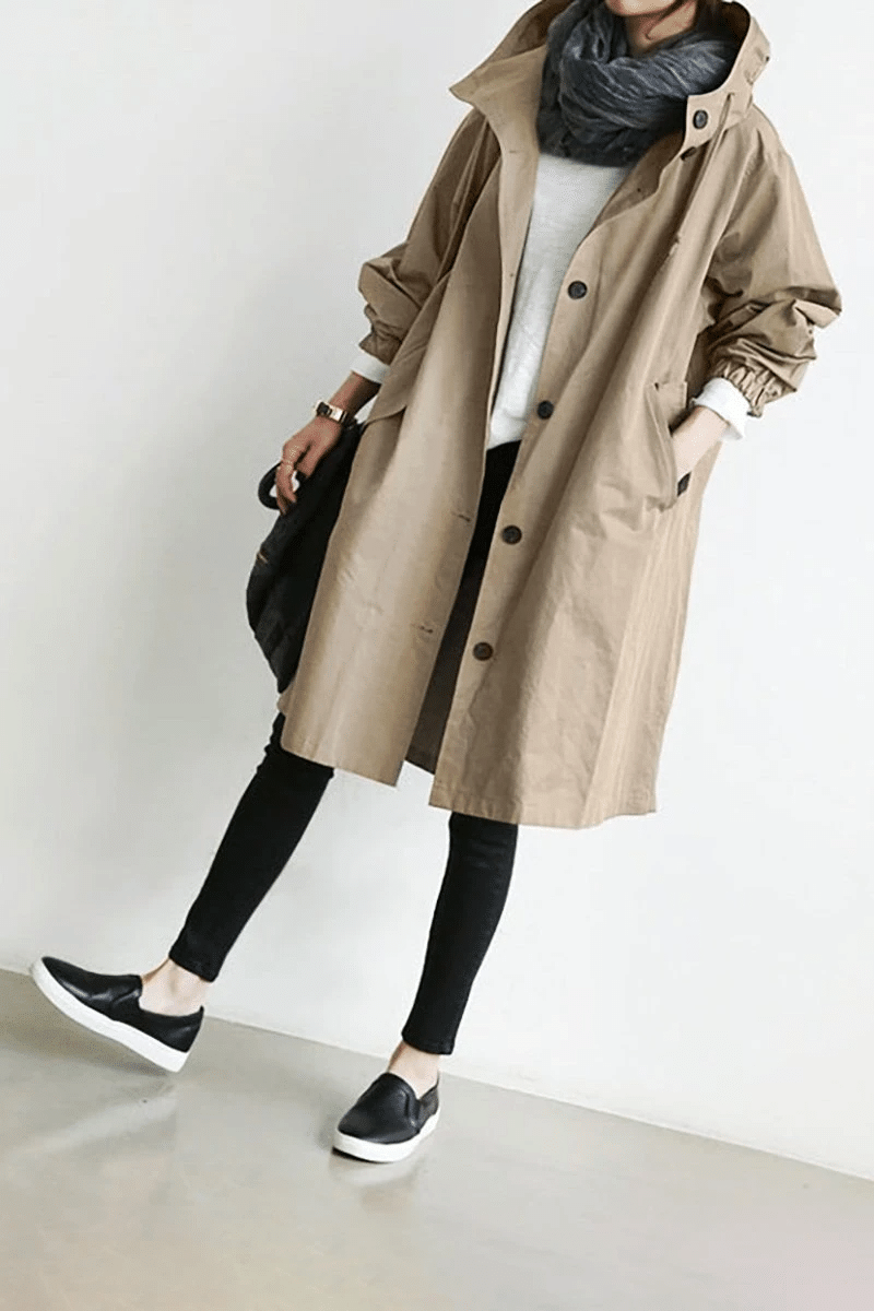 Women's Hooded Trench Coat – Button Front Long Sleeves Everyday Errands