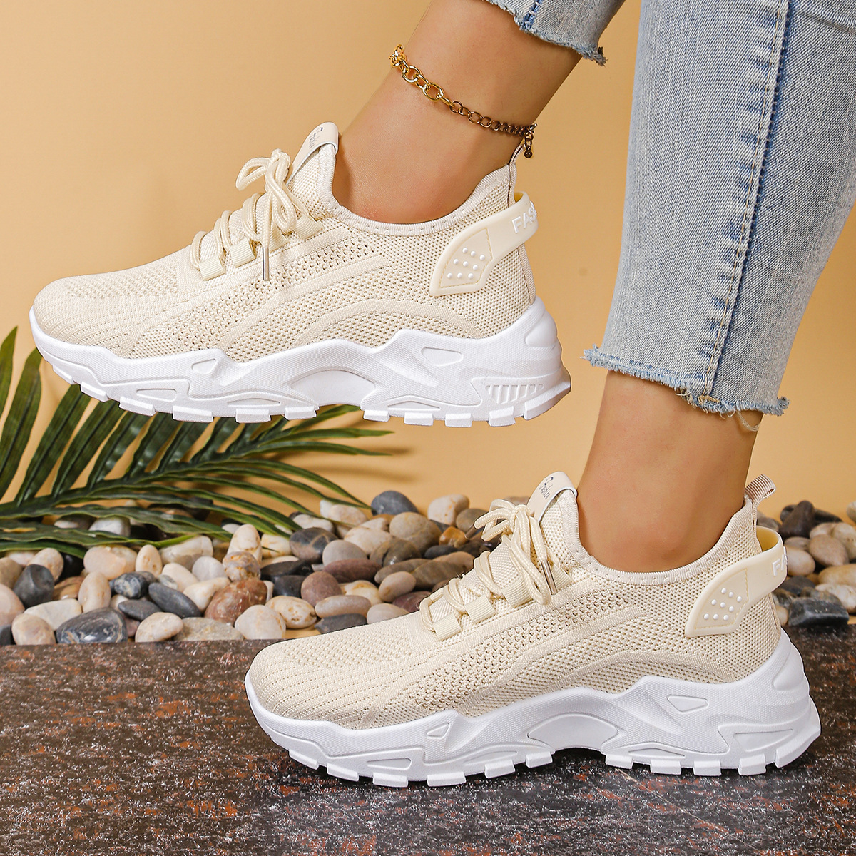 Women's Knit Textured Sneakers – Lace-Up Thick Sole Neighborhood Walks