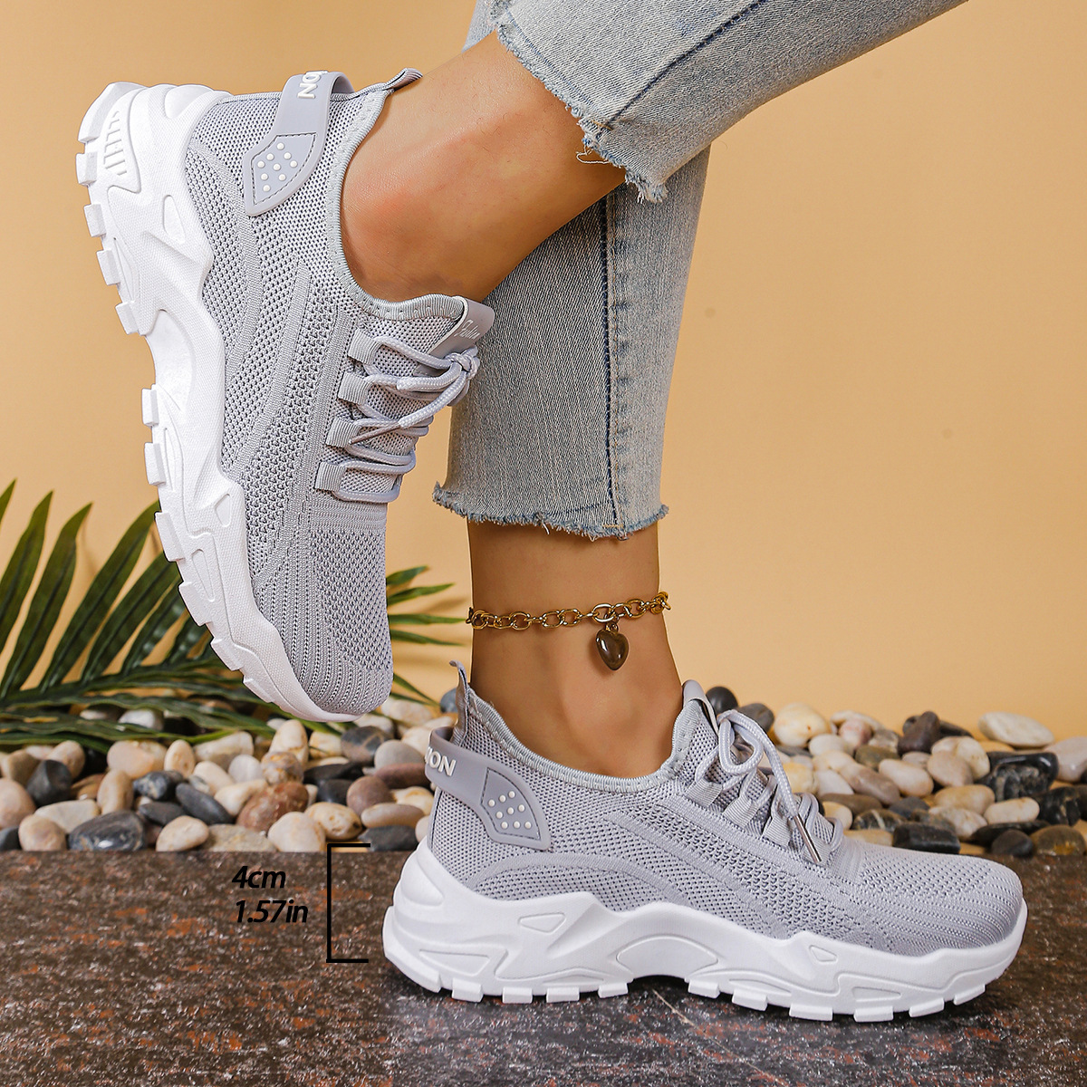Women's Knit Textured Sneakers – Lace-Up Thick Sole Neighborhood Walks
