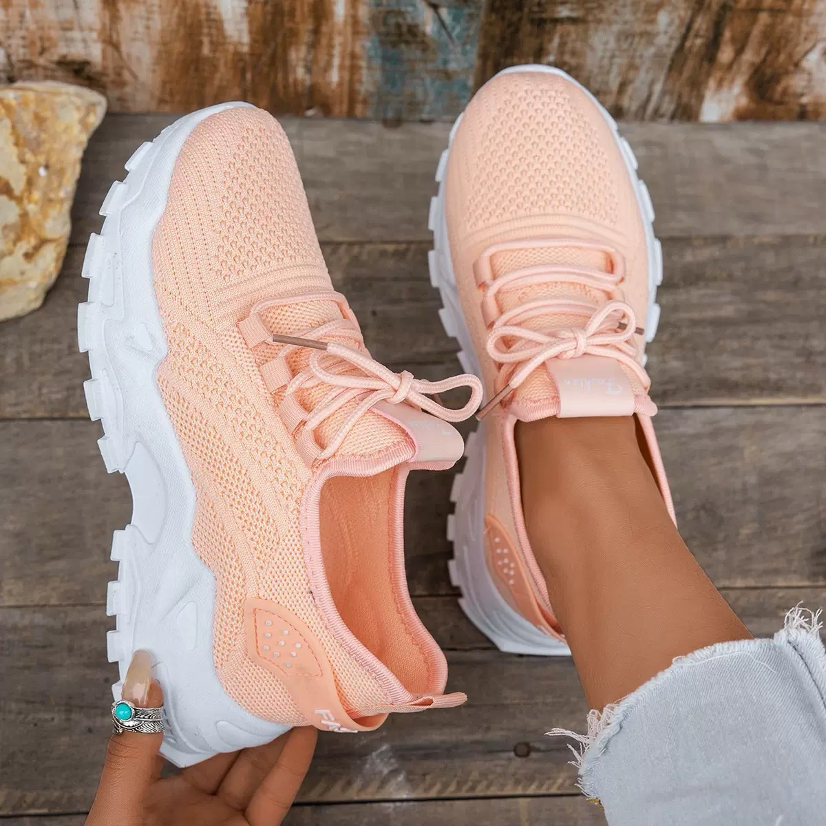 Women's Knit Textured Sneakers – Lace-Up Thick Sole Neighborhood Walks