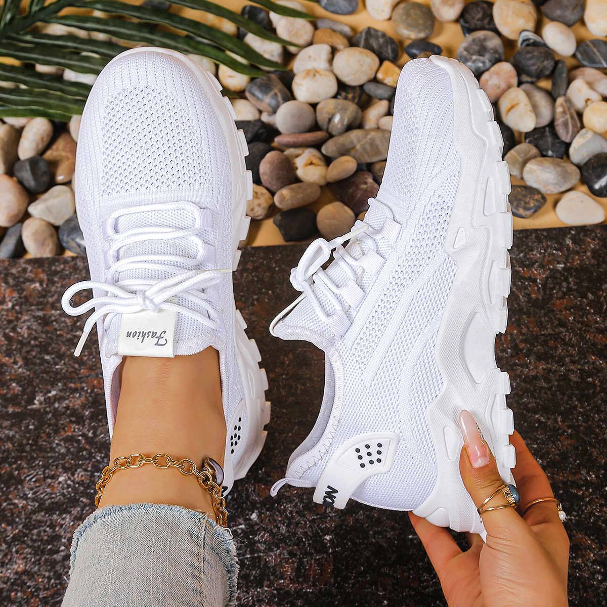 Women's Knit Textured Sneakers – Lace-Up Thick Sole Neighborhood Walks