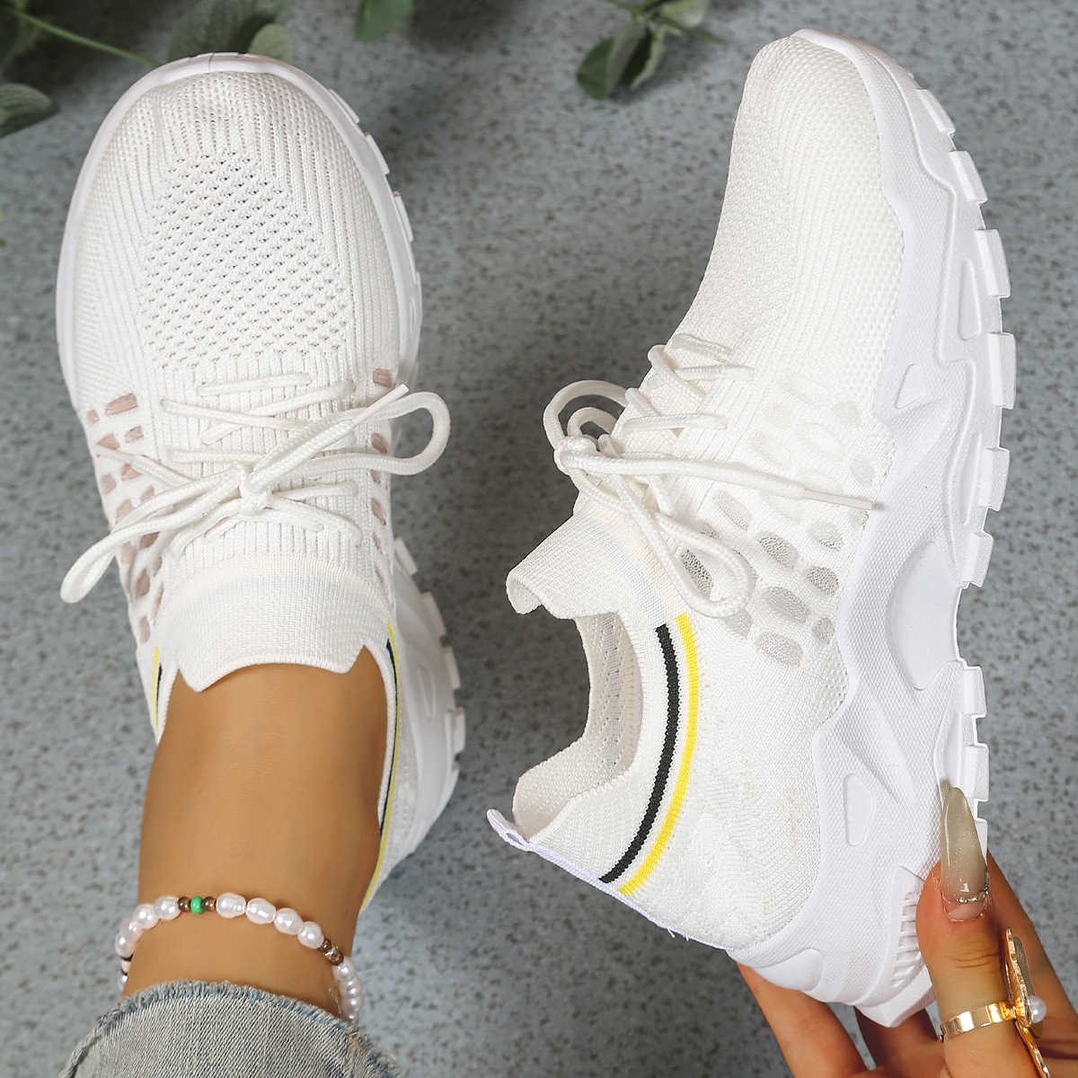 Women's Knit Textured Sneakers – Lace-Up Thick Sole Neighborhood Walks