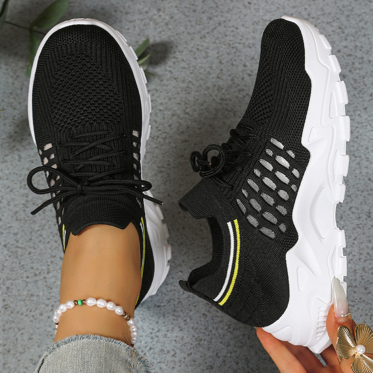 Women's Knit Textured Sneakers – Lace-Up Thick Sole Neighborhood Walks