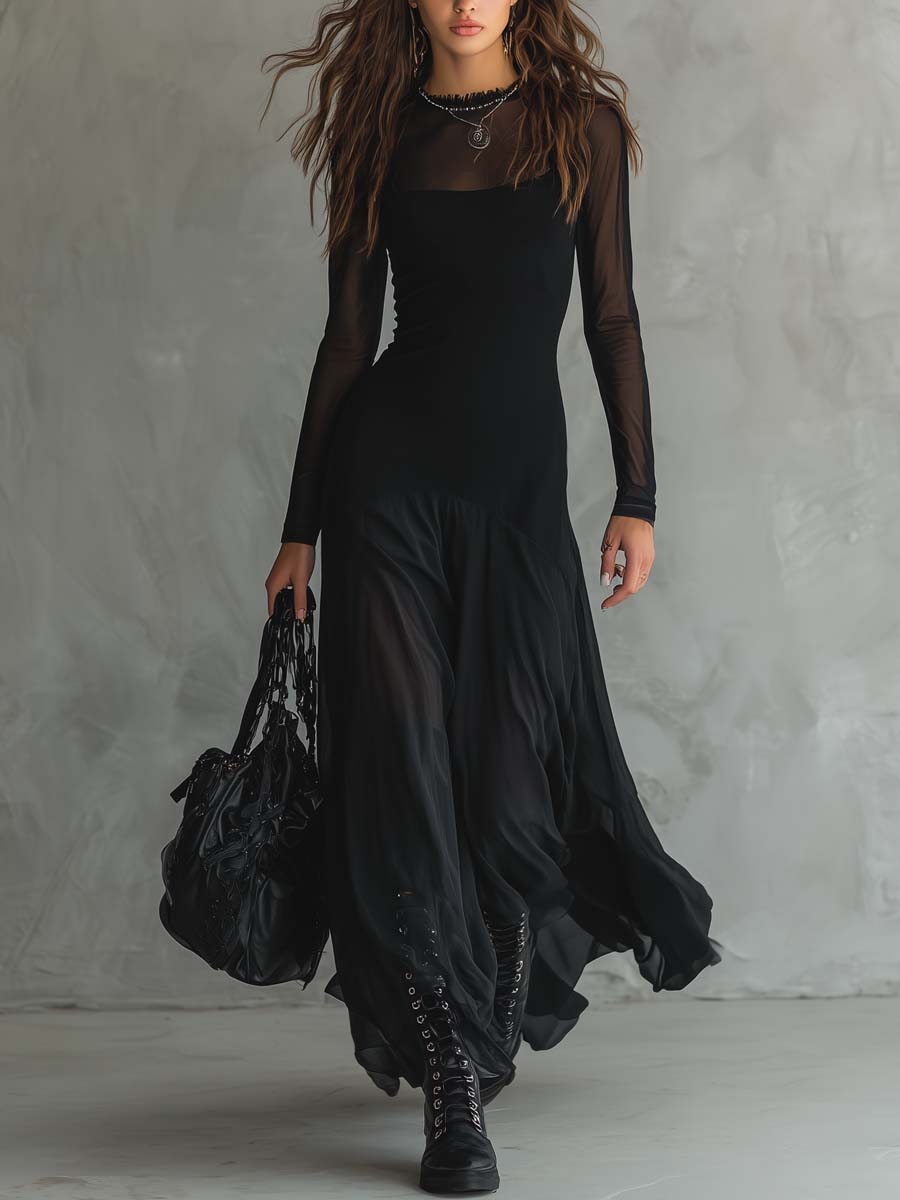 Women's Layered Maxi Dress – Round Neck Sheer Sleeves Concert Night