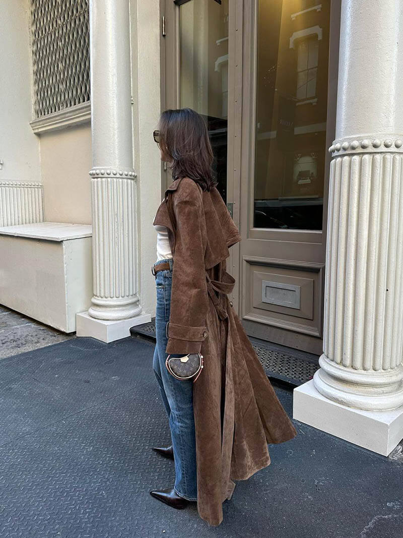 Women's Long Double Breasted Trench Coat – Wide Lapel Tie Belt City Wear