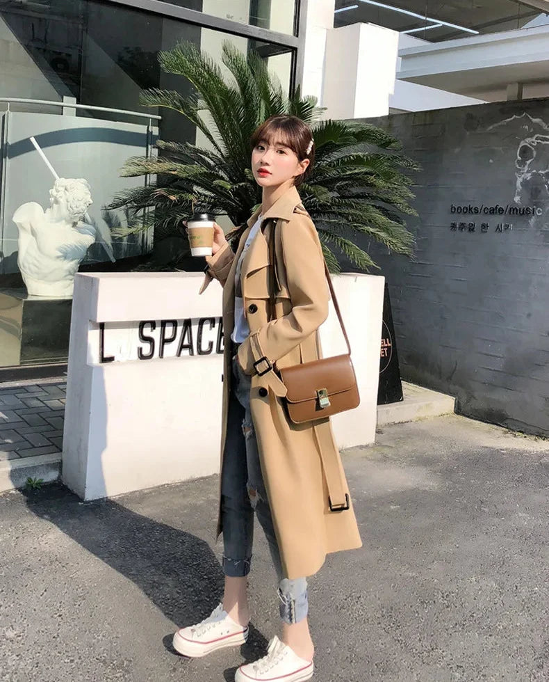 Women's Long Double Breasted Trench Coat – Wide Lapel Tie Belt Travel Wear