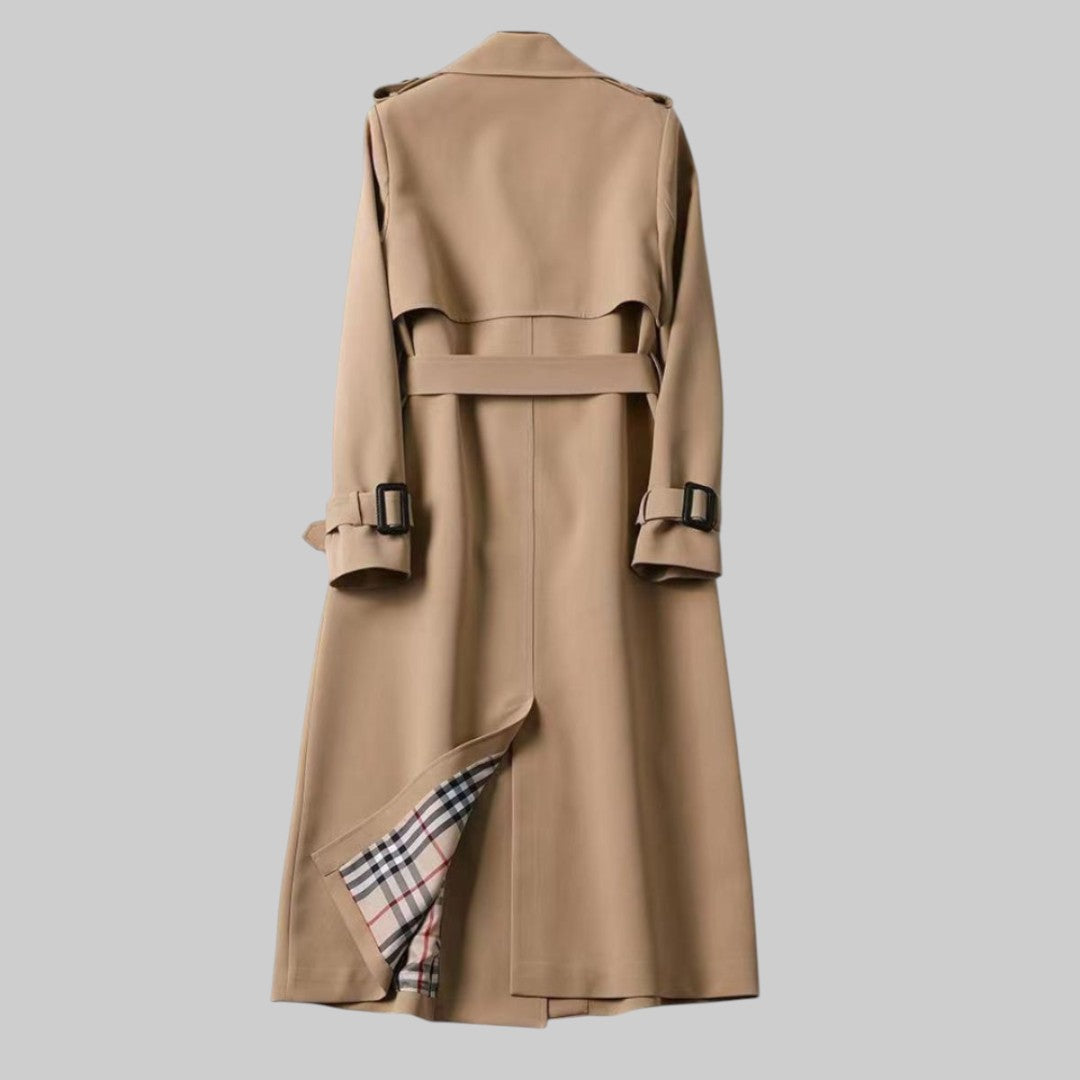 Women's Long Double Breasted Trench Coat – Wide Lapel Tie Belt Travel Wear