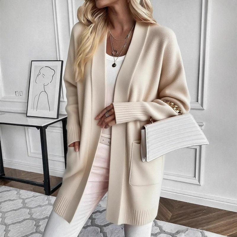 Women's Longline Open Front Cardigan – Ribbed Cuffs Pockets Weekend Shopping