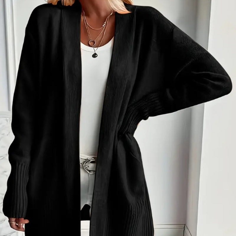 Women's Longline Open Front Cardigan – Ribbed Cuffs Pockets Weekend Shopping